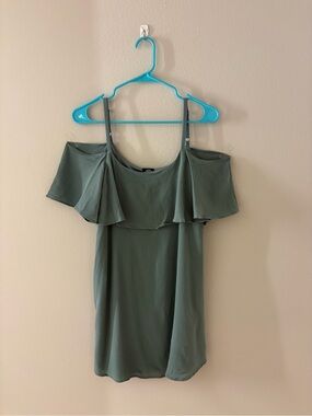 Bobeau Light Olive Green Blouse with Ruffled Neckline